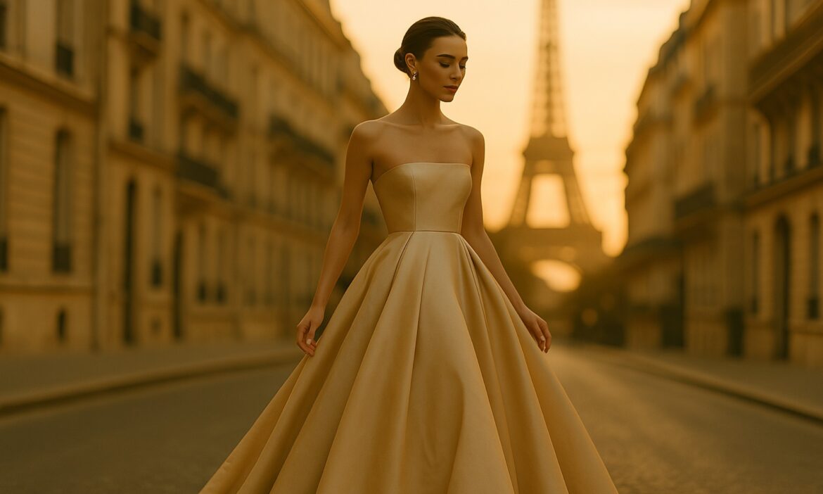 Fiornesa About Page Hero Banner – Luxury Fashion Editorial Elegant editorial fashion cover image for Fiornesa – model in couture walking through Paris at golden hour, luxury digital magazine aesthetic.